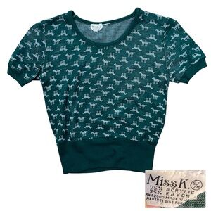 Retro Horse Knit Top Cottagecore Green Miss K SM 70s Revival 80s Equestrian